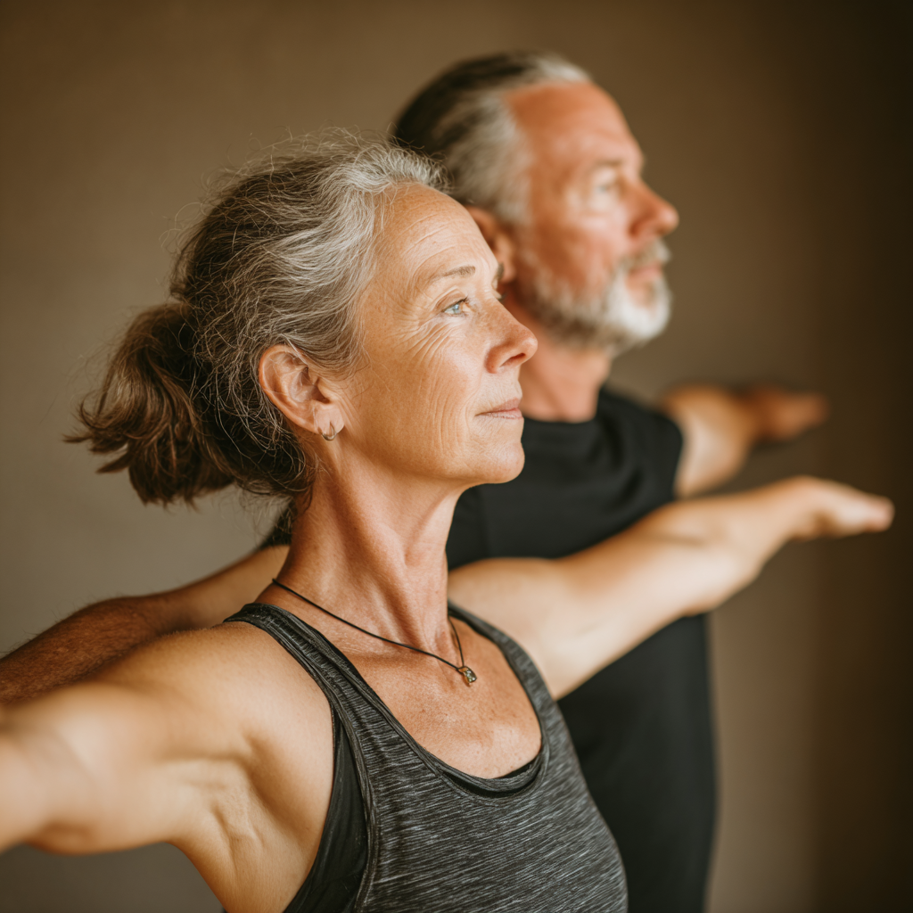 Experienced yoga instructor guiding mature student in mindful movement practice