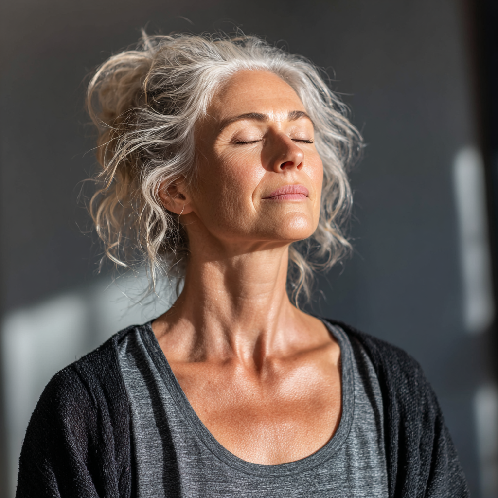 Middle-aged woman practicing mindful breathing exercises in serene studio environment