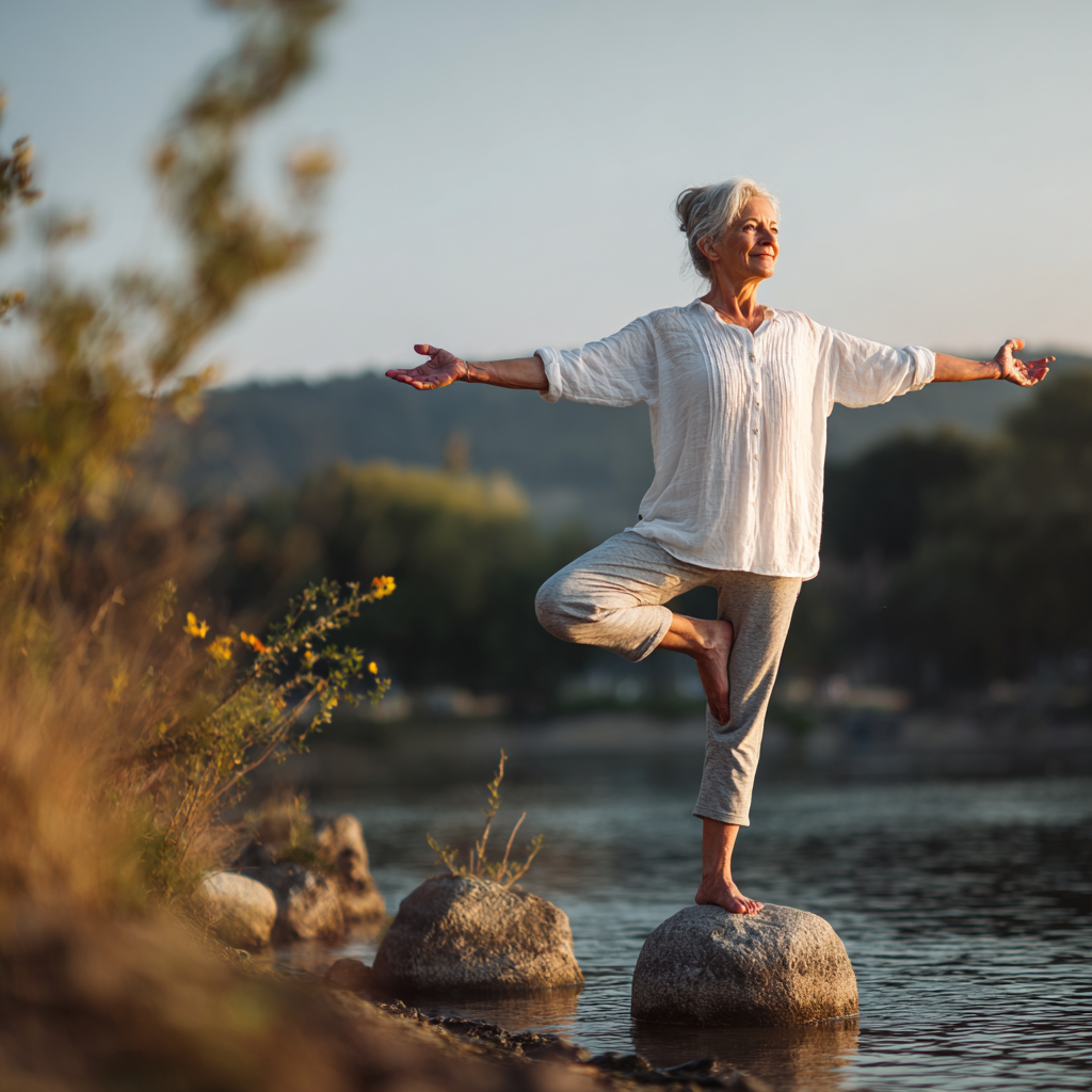Senior adult woman demonstrating yoga balance pose in peaceful natural setting